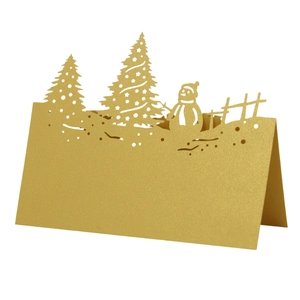 3D laser cut Christmas table card with white snowman and glitter golden trees