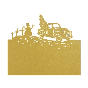 Detailed laser-cut gold metal card featuring a vintage truck with a Christmas tree and snowman
