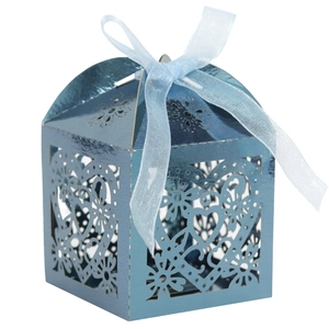 Blue laser-cut heart wedding favor box with light blue organza ribbon bow