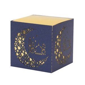 Dark blue laser cut moon and mosque gift box with gold interior for festive celebrations