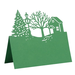 Laser cut dark green Christmas house and tree table place card made of pearl paper