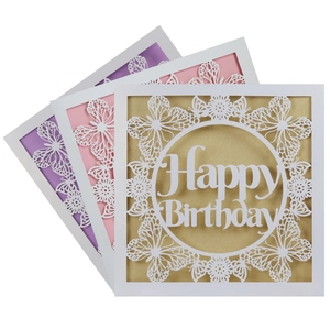 Detail of laser-cut butterfly and floral patterns on Happy Birthday paper cards