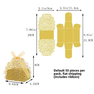 Laser cut rose candy box in gold glitter finish showing assembly dimensions and flat size