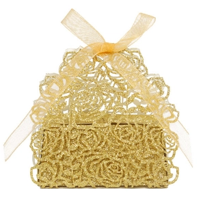 Elegant gold laser-cut hollow rose candy box with glitter finish and ribbon bow tie