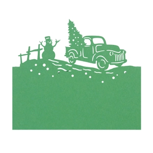Intricate laser-cut green Christmas place card featuring a vintage truck and snowman