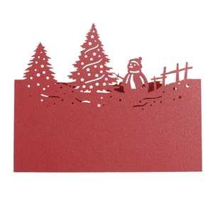 Detailed laser-cut red Christmas card featuring a 3D snowman and festive tree silhouette