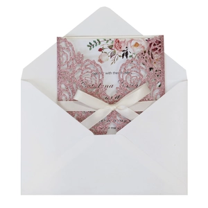 Elegant laser cut glitter rose wedding invitation with ribbon and floral inner card