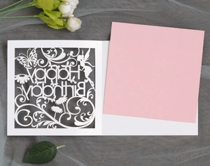 Macro detail of laser-cut butterfly and fairy design on white happy birthday card