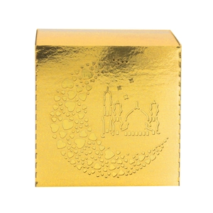 Detailed laser-cut heart moon and mosque motifs on a golden metallic Eid gift box