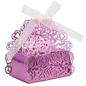 Purple laser-cut rose gift box with white organza ribbon for wedding favors