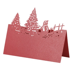 3D laser cut red snowman and Christmas tree place card made of shimmering pearl paper