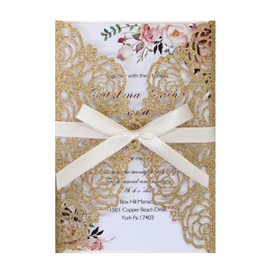 Laser Cut Rose Floral Wedding Invitations Set Glitter Paper Hollow Invitation Cards With Inner Sheet Envelope Ribbon