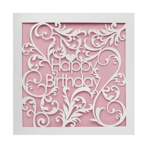 Laser-cut Happy Birthday card with elegant white patterns and soft pink liner