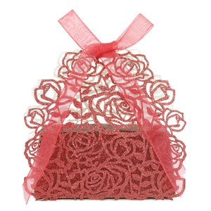Laser-cut red glitter wedding favor box with rose patterns and a matching ribbon bow