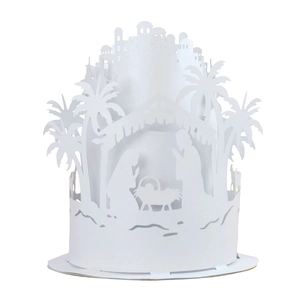 3D laser-cut white paper Nativity scene lampshade with silhouettes for Christmas decor