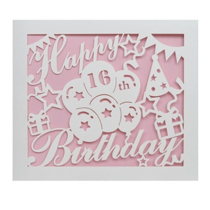 Close-up of laser-cut Happy 16th Birthday card with white paper and pink backing