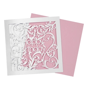 Elegant laser-cut Happy Birthday card with floral patterns and pink inner sheet