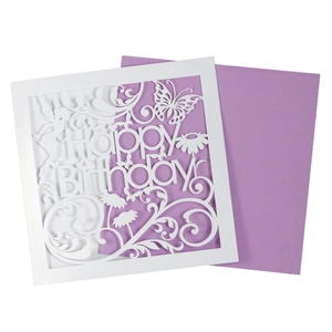 Laser cut Happy Birthday card with butterfly fairy design and purple inner sheet