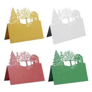 Laser Cut Christmas Tree House Place Cards Pearlescent Paper Winter Town Name Seat Cards For Holiday Party Banquet Table Decor