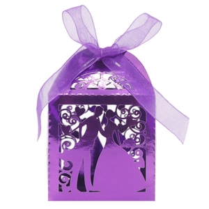 Detailed laser-cut purple metallic wedding favor box with bride and groom silhouette