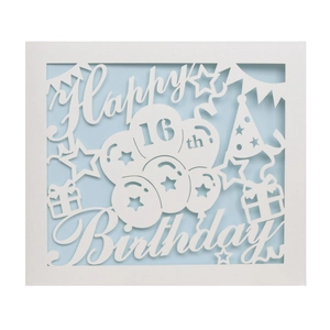 White 16th Happy Birthday card with hollow carved patterns, balloons, and star elements