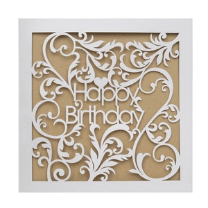 Exquisite laser-cut white Happy Birthday greeting card with intricate floral scroll patterns