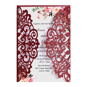 Laser cut burgundy floral wedding invitation set with watercolor flower inner card