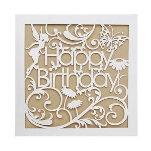 Laser cut butterfly fairy Happy Birthday card with intricate floral patterns and kraft paper