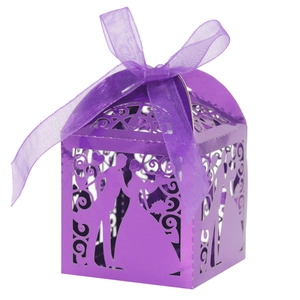 Purple laser cut wedding candy box with bride and groom silhouette and ribbon