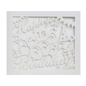 Laser-cut white Happy Birthday 16th card detail with stars and balloons patterns