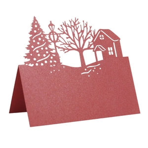 Laser-cut dark red Christmas house table card made of premium pearlescent paper