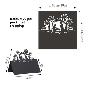 Detail of laser-cut black Nativity scene table cards with 10x10cm dimensions