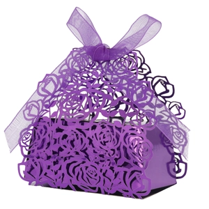 Detailed laser-cut purple paper gift box with rose patterns and a matching ribbon bow