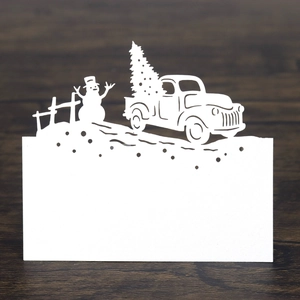 Festive Laser Cut Christmas Place Cards Snowman Truck Pattern Table Seat Cards For Party Dining Decoration Cardboard White Gold Green Red