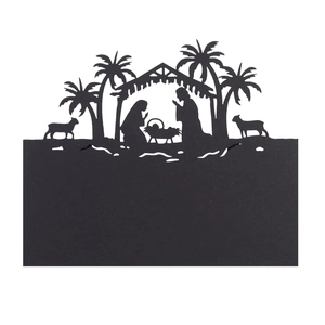 Laser cut black paper nativity silhouette place card for Christmas holiday table decor