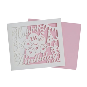 Detailed laser cut Happy 16th Birthday card with balloons and stars on a white background