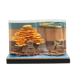 3D tree house paper carving memo pad with golden leaves and waterfall design