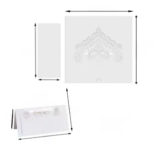 Detailed laser-cut white lace place card dimensions for wedding table settings