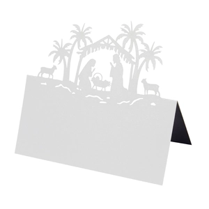 Laser-cut white Nativity scene table place card with religious holy family silhouette