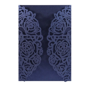 Dark blue pearlescent paper invitation cover with laser-cut rose floral patterns