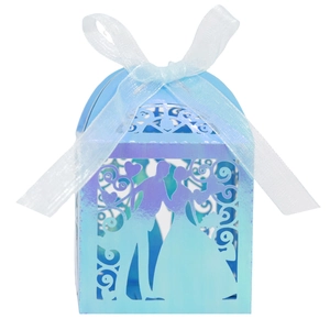 Laser cut blue iridescent wedding favor box featuring bride and groom silhouette and white bow