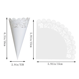Detailed size chart for lace hollow wedding paper cone showing 16cm height and dimensions