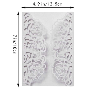 Detailed view of white laser-cut rose floral invitation sleeve with 12.5x18cm dimensions
