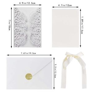 Detailed components of laser-cut floral invitations with precise size measurements