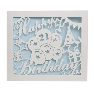 Laser-cut 21st birthday card with hollow Happy Birthday text and party elements