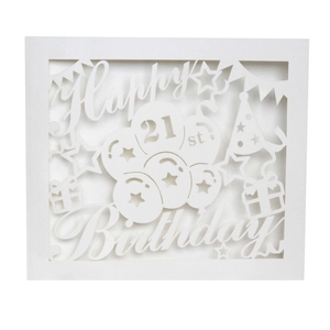 Detailed laser-cut Happy 21st Birthday card with festive balloon and gift motifs