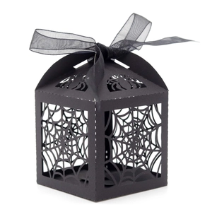 Laser cut Halloween spider web candy box in black matte paper with ribbon