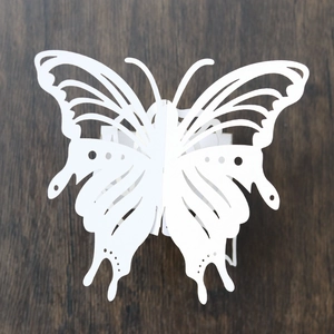 Macro shot of laser-cut white butterfly paper ring with intricate wing patterns