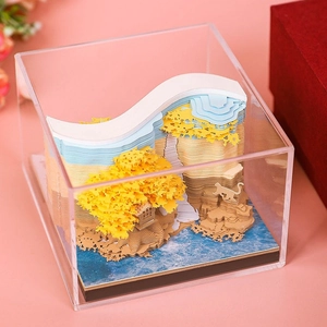 3D treehouse paper sculpture with gingko tree and monkeys in clear acrylic display case