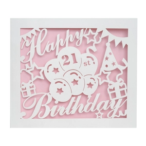 Close-up of laser-cut 21st Birthday card with Happy Birthday text and balloon details